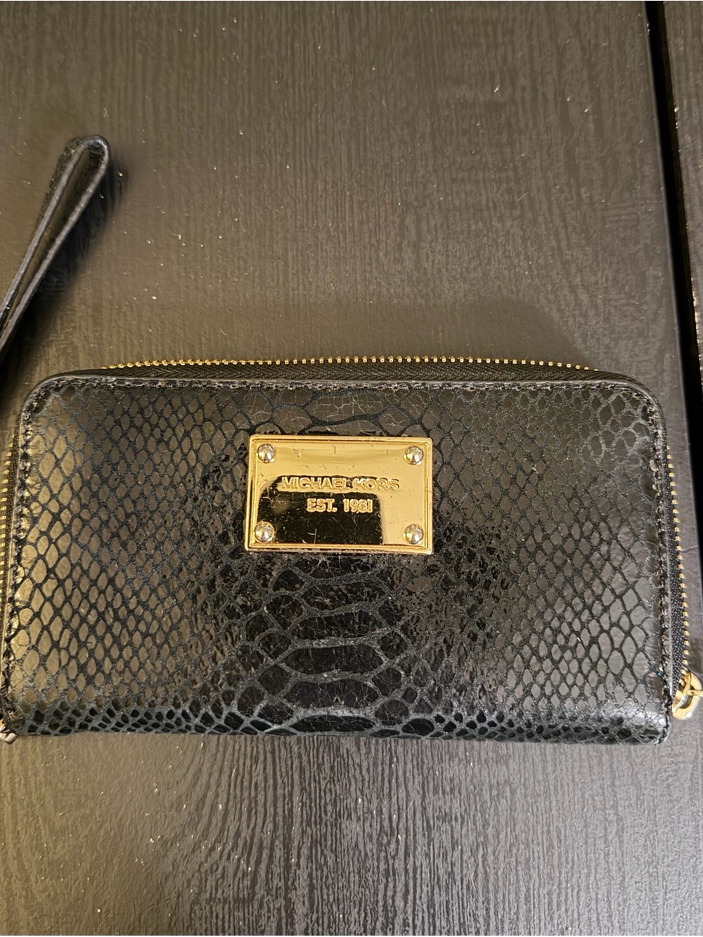 Michael Kors Black Snake-Embossed Zip-Around Wallet with Gold Plate